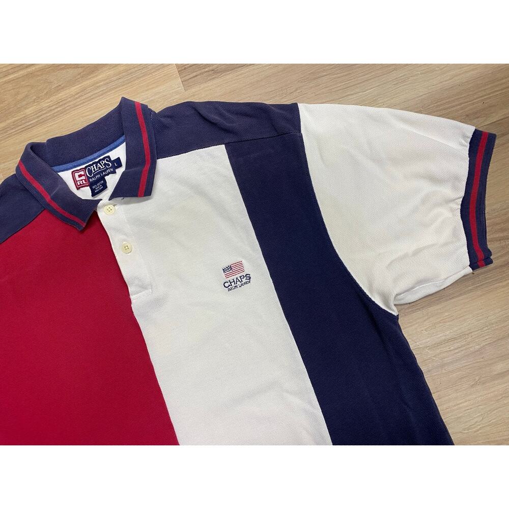 VTG 90s Chaps Ralph Lauren USA American Flag colorblock cotton polo shirt L